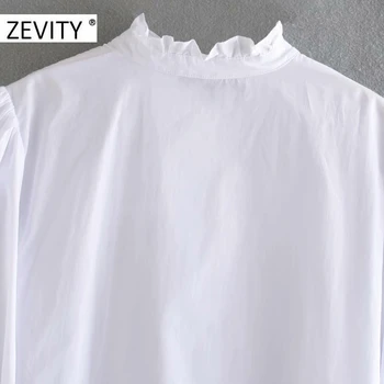 ZEVITY Naujas moterų mados stovėti apykaklės, raukiniai balta popelinowy palaidinė marškinėliai moterims nėriniai nėrimo prašmatnus blusa rudenį chemise viršūnes LS7196