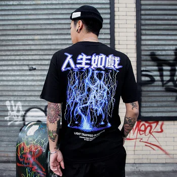 2019 Vyrų Hip-Hop Marškinėliai Žaibo Print T-Shirt Streetwear Kinų Rašte Marškinėlius Negabaritinių Harajuku Vasaros Viršūnes Tees Medvilnės Naujas