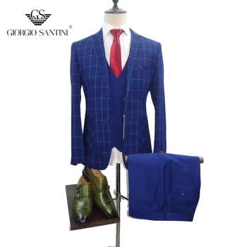 SLIM FIT 2020 GIORGIOSANTINI laisvalaikio kostiumas mėlynos spalvos pledas 3 dalių kostiumas (Švarkas + kelnės + liemenė)