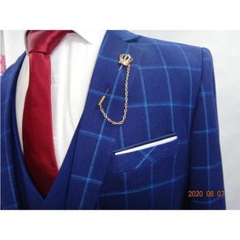SLIM FIT 2020 GIORGIOSANTINI laisvalaikio kostiumas mėlynos spalvos pledas 3 dalių kostiumas (Švarkas + kelnės + liemenė)