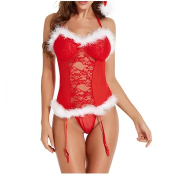 Kalėdų Moterų Sexy Bodysuit apatinis Trikotažas Backless Nightdress Pižamas ir Apatinius, Su prisegamų kojinių combinaison femme ropa mujer kombinezon