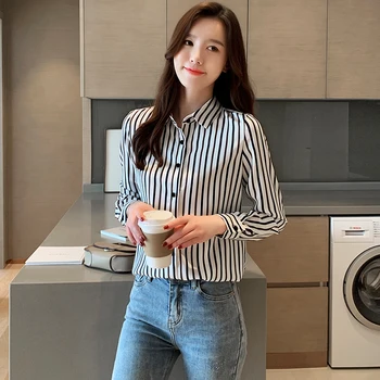 Korėjiečių Moterų Marškiniai Moteris Šifono Palaidinė Marškinėliai Rudenį Office Lady Dryžuotas Marškinėliai Moterims Ilgomis Rankovėmis Palaidinės, Topai Plius Dydžio Marškinėlius