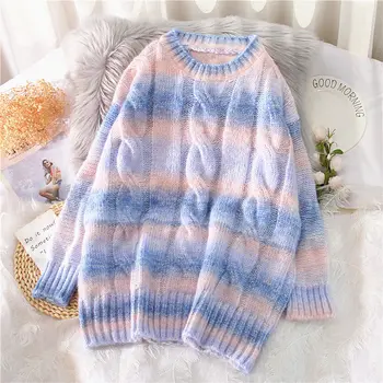 Nauja Rudens žiemos moterys Kaklaraištis dažų megztiniai 2020 šiltas megztinis ilgomis rankovėmis O-kaklo prarasti Vintage Megztinis viršūnes Lady megztiniai Harajuku