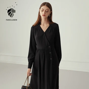 FANSILANEN Elegantiškas juodos spalvos ilgi marškinėliai-suknelė Moterims ilgomis rankovėmis sexy v kaklo vintage suknelė Rudens žiemos moterų plonas baltos spalvos suknelė 2020 m.