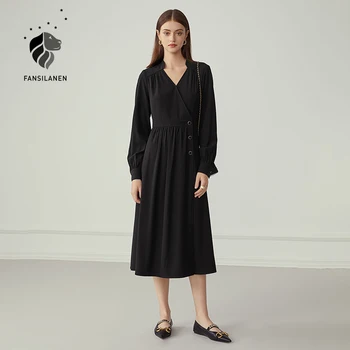 FANSILANEN Elegantiškas juodos spalvos ilgi marškinėliai-suknelė Moterims ilgomis rankovėmis sexy v kaklo vintage suknelė Rudens žiemos moterų plonas baltos spalvos suknelė 2020 m.