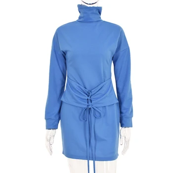 Suknelė Tvarstis Vaiskiai Mėlynos Atsitiktinis Ponios Golfo Gatvės Drabužiai, Komplektai, Madingų Drabužių Moterims, Rudenį, Žiemą, Naują Atvykimo 2021