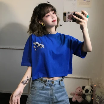 2020 Metų Vasaros Korėjos Harajuku Derliaus Grafinis T-Shirt Prarasti Atsitiktinis Trumpas Rankovės Pasėlių Viršuje Moterų Brendžio Stiliaus Drabužius