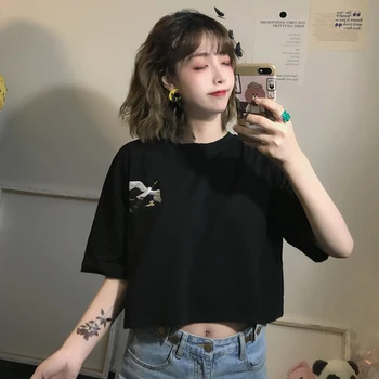 2020 Metų Vasaros Korėjos Harajuku Derliaus Grafinis T-Shirt Prarasti Atsitiktinis Trumpas Rankovės Pasėlių Viršuje Moterų Brendžio Stiliaus Drabužius