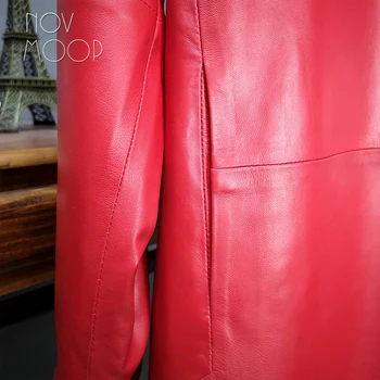 Novmoop Mados raudona juoda spalva, vidutinės trukmės ir ilguoju natūralios odos moterų suknelė su kišenė su užtrauktuku dekoro kurtki damskie LT2809