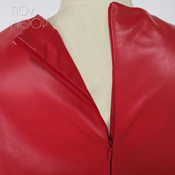 Novmoop Mados raudona juoda spalva, vidutinės trukmės ir ilguoju natūralios odos moterų suknelė su kišenė su užtrauktuku dekoro kurtki damskie LT2809