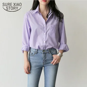 Violetinė Moterų Marškinėliai POLO Apykakle ilgomis Rankovėmis Palaidinė ir Viršūnių Dryžuotas Kišenėje Moterų Ponios Marškinėliai Blusas Mujer De Moda 7307 50