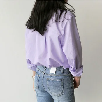 Violetinė Moterų Marškinėliai POLO Apykakle ilgomis Rankovėmis Palaidinė ir Viršūnių Dryžuotas Kišenėje Moterų Ponios Marškinėliai Blusas Mujer De Moda 7307 50