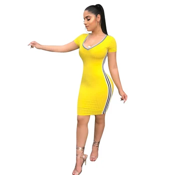 Wantmove 2019 naujas vasaros moterų suknelė mados plius dydis vertikalios juostelės v-kaklo trumpomis rankovėmis slim office lady suknelė WM693