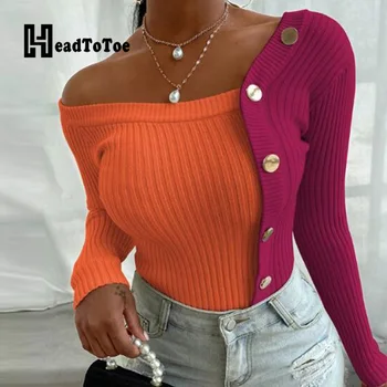 Colorblock Mygtuką Dizainas Ilgomis Rankovėmis Megztiniai Megztinis Moterims Atsitiktinis Megztinis Viršūnės