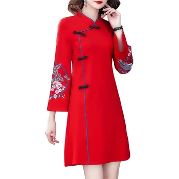 2021 M. Pavasarį Naujų, Patobulintų Cheongsam Moteris Senovės Hanfu Retro Kinų Stiliaus Suknelė Gėlių Blyksnius Rankovės Sagtis Šalis Suknelė Moterims