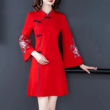 2021 M. Pavasarį Naujų, Patobulintų Cheongsam Moteris Senovės Hanfu Retro Kinų Stiliaus Suknelė Gėlių Blyksnius Rankovės Sagtis Šalis Suknelė Moterims