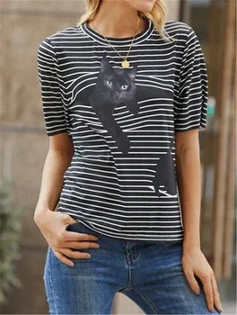 Grafinis Tee Marškinėliai Moterims Cute Kačių Modelis trumpomis Rankovėmis Streetwear Moterų Top Dryžuotas Spausdinimo Harajuku Kawaii Marškinėliai