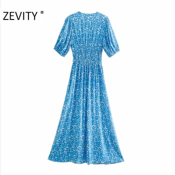 Zevity NAUJAS moterų elegantiškas v kaklo gėlių spausdinti elastinga juosmens midi suknelė lady sluoksniuotos rankovėmis sagtys vestido elegantiškos suknelės, šaliai, DS4223