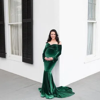 Aksomo Motinystės Suknelė už Nuotrauką Šaudyti Elegantiškas ilgomis Rankovėmis Off Peties ir Žiemos Kūdikių Dušai Sexy V Kaklo Nėštumo Suknelė