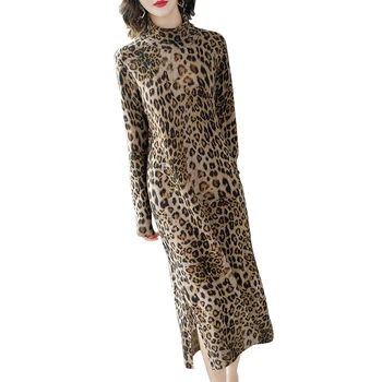 2021 Naujas Žiemos Derliaus Leopard Golfo Vilnos Megztiniai Atsitiktinis Mezgimo Megztinių Elegantiškas Moteris Bodycon Vienas Gabalas Megztinis Suknelė