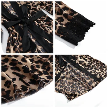 LIEPOS DAINA Naujos Mados 4 Gabalas Pižama Rinkinys Leopardas Spausdinti Moteris Sleepwear Dirbtinio Šilko Diržas Skraiste Su Krūtinės Mygtukai Sleepwear