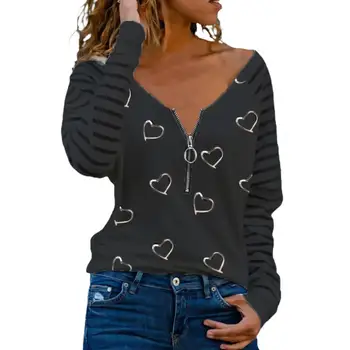 Moterų Laisvalaikio Palaidinė ilgomis Rankovėmis Meilė Širdies Spausdinimo Mados Užtrauktukas T-shirt Viršuje Pavasario Streetwear