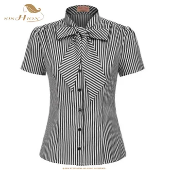 SISHION Derliaus dryžuotas marškinėliai lankas moterų viršūnes ir palaidinės mygtuką iki Viršūnės marškinėliai blusas SP0486