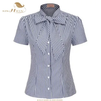 SISHION Derliaus dryžuotas marškinėliai lankas moterų viršūnes ir palaidinės mygtuką iki Viršūnės marškinėliai blusas SP0486