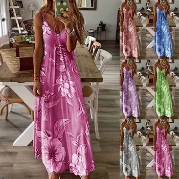 Rankovių spageti dirželis moterų suknelė vasaros chalatas, paplūdimio atsitiktinis suknelė moterų V-kaklo moterų vestido gėlių spausdinti moteris suknelės