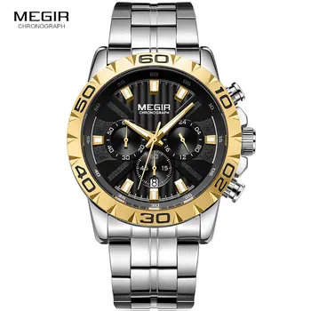 MEGIR Vyrų CHronograph Verslo Kvarciniai Laikrodžiai, Nerūdijančio Plieno, atsparus Vandeniui Šviesos Laikrodis Vyras Relogios Masculino 2087 Aukso