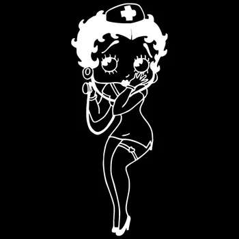 Volkrays Cartoon Automobilių Lipdukas Betty Boop Slaugytoja Priedai Atspindintis Vandeniui, Saulės Vinilo Decal Juoda/Balta,17cm*6cm
