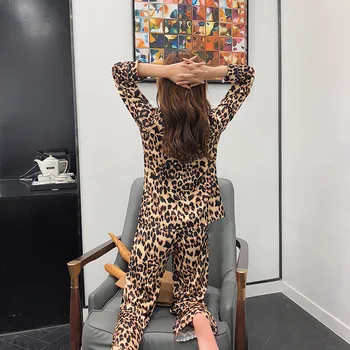 Pavasario Leopardas Spausdinti Womens Pižama Ilgomis Rankovėmis, Bajorų Namų Drabužiai Satino Sleepwear Loungewear Namų Drabužių Dviejų Dalių Pj Rinkinys