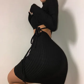 Hirigin Sexy Woman Suknelė Rudenį 2020 Clubwear Briaunoti Megzti Tuščiaviduriai Iš Nėrinių Golfo ilgomis Rankovėmis Bodycon Suknelė