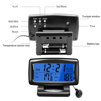 Dvigubos Temperatūros Matavimo Priemonė Su Apšvietimu 2 In1 Automobilinis Elektroninis Laikrodis, Termometras, Skaitmeninis Displėjus Viduje & Ne