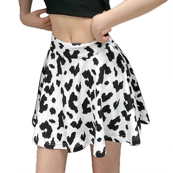 2020 naujas sijonas juodos ir baltos karvės spausdinti aukštos juosmens klostuotas sijonas moterų cute mados klostuotas sijonas mini sijonas