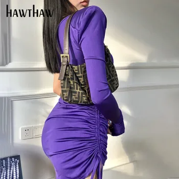 Hawthaw Moterų Mados Ilgomis Rankovėmis Off Peties Bodycon Slim Plisuotos Raudonos Pakuotės Klubo Mini Trumpą Suknelę 2021 M. Rudenį Drabužių Rudens