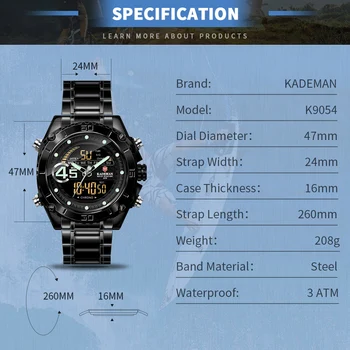 Auksiniai Laikrodžiai Vyrams, LED Skaitmeninis Analoginis Sporto Karinės Žiūrėti Mens Dvigubas Ekranas Multifuntion Laikrodis Vyras Kvarciniai Laikrodžiai K9054