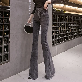 Mados moteriški džinsai 2020 m. rudenį naujų aukštos juosmens lieknėjimo retro šepečiu ruožas apmušalas užsiliepsnojo kelnės