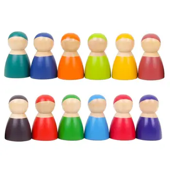 Montessori Rinkinys, 12 Vaivorykštė Draugais Peg Lėlės Mediniai Apsimesti Žaisti Žmonių Duomenys Kūdikių Žaislų Aplinkos Saugos Dažai