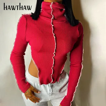 Hawthaw Moteris Rudens-Žiemos Ilgos Rankovės Golfo Megzti Slim Kratinys Soild Spalva Topai Marškinėliai 2020 M. Rudenį Drabužių Streetwear