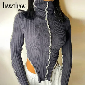 Hawthaw Moteris Rudens-Žiemos Ilgos Rankovės Golfo Megzti Slim Kratinys Soild Spalva Topai Marškinėliai 2020 M. Rudenį Drabužių Streetwear