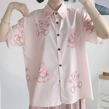 Deeptown Kawaii Moterų Marškinėliai Mados 2020 Spausdinimo Mygtukas Iki Marškinėliai Pink Prarasti Atsitiktinis Viršūnes Mielas, Elegantiškas Trumpas Rankovės Moterų Palaidinė