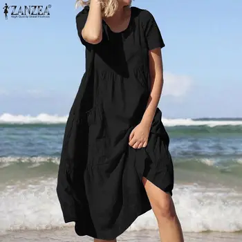 Elegantiškas Moterų Midi Sundress ZANZEA 2021 m. Vasaros Suknelė Kaftan trumpomis Rankovėmis Tunika Vestidos Moterų Lino Laisvalaikio Drabužius, Plius Dydis