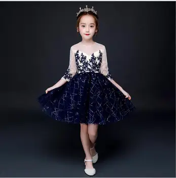 Aukštos klasės China Merginos Vestuves Gėlių Mergaitės Suknelė Oficialūs Drabužiai Princesė Chalatai Paauglių mergaičių Mėlynos spalvos Tiulio Vakaro Suknelės