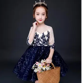 Aukštos klasės China Merginos Vestuves Gėlių Mergaitės Suknelė Oficialūs Drabužiai Princesė Chalatai Paauglių mergaičių Mėlynos spalvos Tiulio Vakaro Suknelės