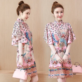 Moteris Suknelė Plius Dydžio Tiesių Suknelė Pusė Drugelis Rankovės Mandarinų Apykaklės Vintage Stiliaus Kinijos Spausdinti Cheongsam 2020 M. Vasarą