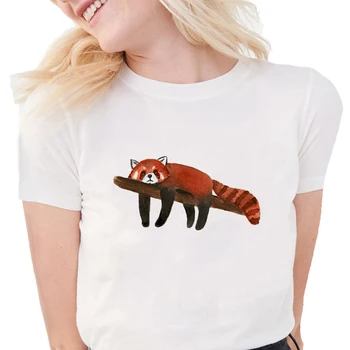 Miega raudona panda T-Shirt Moteris Juokinga Akvarelė Atspausdintas T Shirts O-kaklo Minkštųjų Trumpas Rankovės Atsitiktinis Baltos Viršūnės S1788