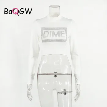 BaQGW Diamond Laiškas Spausdinti apykaklėmis Moteris Slim Baltos spalvos Marškinėlius Apkarpyti Viršūnes Harajuku Šalies Pasėlių T Shirt Ladies Long Sleeve T-shirts