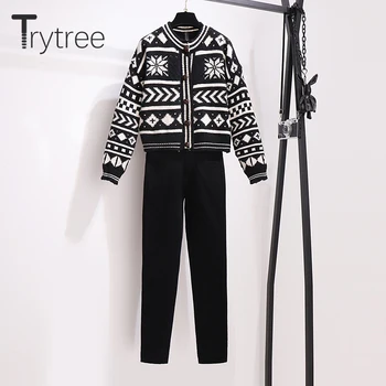 Trytree 2020 m. Žiemos Atsitiktinis dviejų dalių Moterų Rinkiniai Vintage Megztinis + Aukšto Juosmens Džinsai Elastiniai Pieštuko Kelnes Streetwear 2 dalių Komplektas