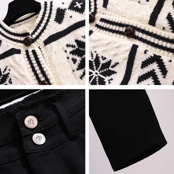 Trytree 2020 m. Žiemos Atsitiktinis dviejų dalių Moterų Rinkiniai Vintage Megztinis + Aukšto Juosmens Džinsai Elastiniai Pieštuko Kelnes Streetwear 2 dalių Komplektas